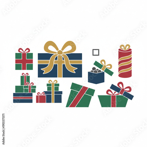 Collection of festive gift boxes with bows, perfect for holiday greetings, gift tags, and winter celebrations