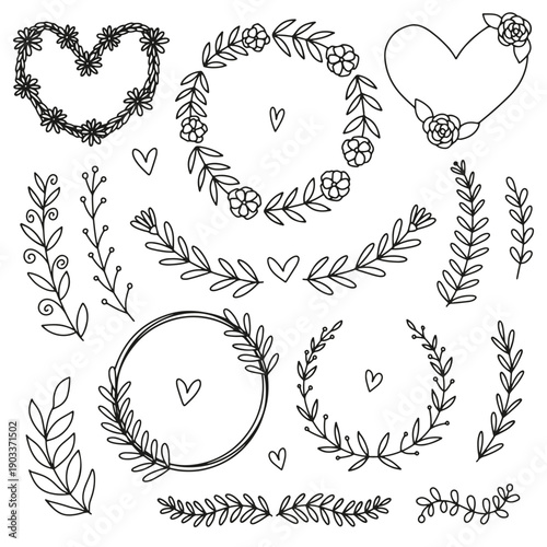 Different kinds of flower wreath and leaf branches set. Sketches of botanical decor vector set