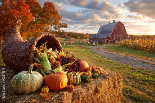 Bountiful Thanksgiving cornucopia on a hay bale in a rustic farm setting at sunset.