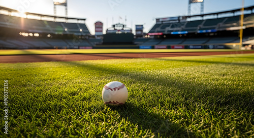 A lone baseball on a green field in a stadium