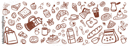 brush hand drawn vector set  coffee and tea line art. Whimsy breakfast with coffee cup, croissant, cafeteria food.  vector illustration for cafe
Breakfast or brunch with coffee and croissant doodle ve