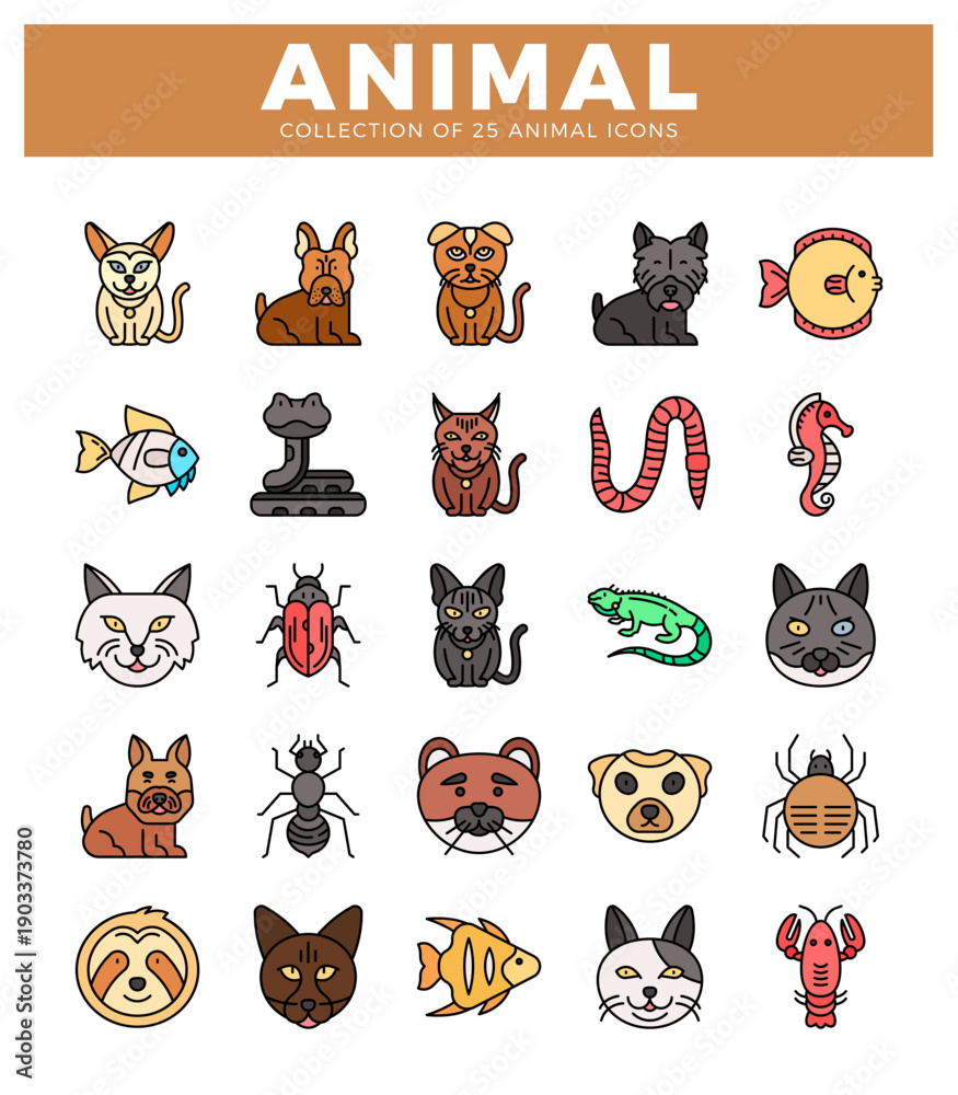 Naklejka premium Flat animal icon collection for graphic design.