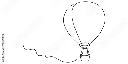 Minimalist black and white line drawing of a hot air balloon with a basket and wavy string Vector, illustration