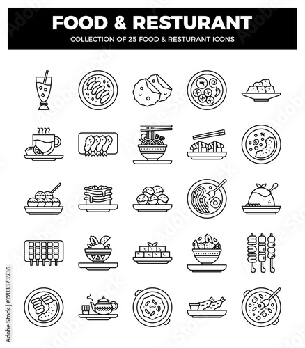 food and restaurant line icons on white background.