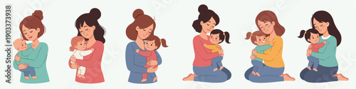 Flat vector illustration set of mothers embracing their children and babies. Modern cartoon style, rounded shapes, soft pastel palette. Emotional and cozy atmosphere, motherhood theme