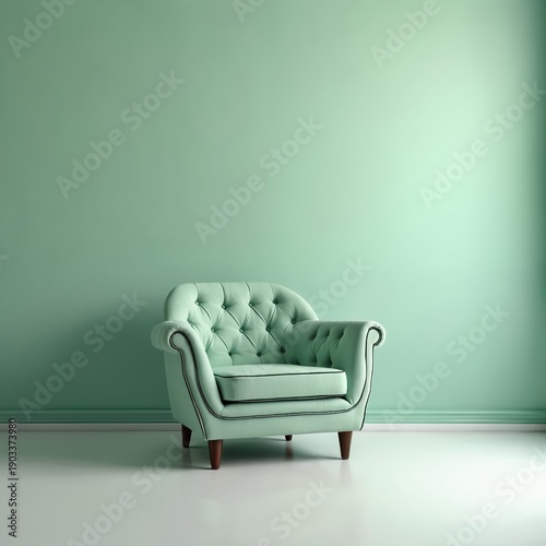 Mint green armchair in studio setting. Minimalist interior with light walls and floor. Cozy, comfortable seat for relaxation. Elegant home decor.