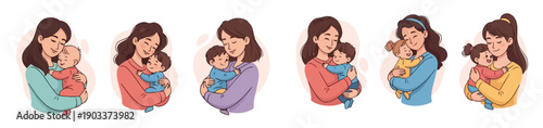 Flat vector illustration set of mothers embracing their children and babies. Modern cartoon style, rounded shapes, soft pastel palette. Emotional and cozy atmosphere, motherhood theme