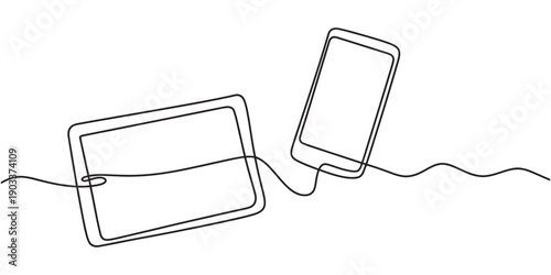 Continuous line drawing of a digital tablet and a smartphone on a white background. Vector, illustration