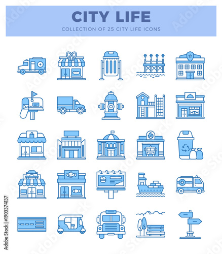 Blue city life icons collection on white