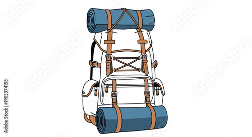 Illustration of a large white and brown hiking backpack with blue sleeping bags strapped to the top and bottom for camping adventures.