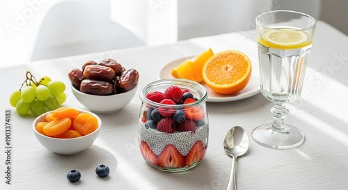 Fresh Fruit and Healthy Breakfast Table.