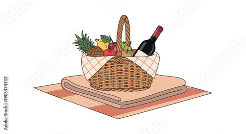 Charming illustration of a picnic setup with a wicker basket full of fruit and a wine bottle, resting on a blanket.