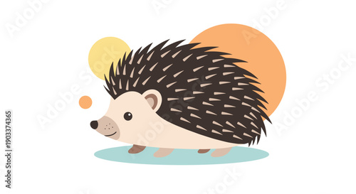Cute cartoon hedgehog character standing on a patch of grass against a background of soft, abstract orange and yellow circles.