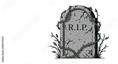 Spooky illustration of a cracked and weathered tombstone with 'R.I.P.' carved on it, overgrown with thorny vines, for Halloween.