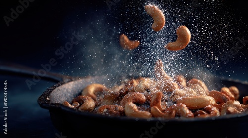Cashew nuts tossed in a pan with a dynamic splash of salt.
