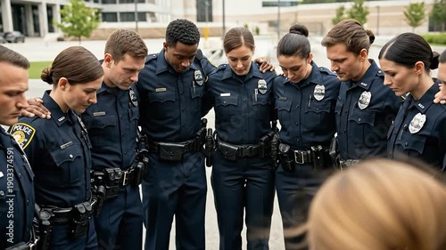 Diverse group of male and female police officers of various ethnicities standing in a circle with heads bowed in a moment of silence or prayer, showing unity, solidarity, and support for their team.