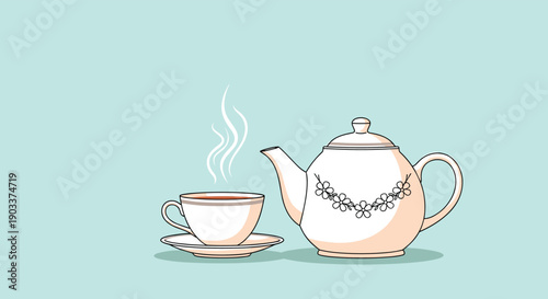 Calm and simple illustration of a steaming cup of tea and a floral teapot against a serene, light blue background for a relaxing mood.