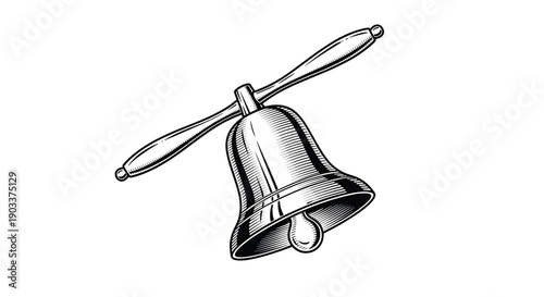 Classic handbell with a wooden handle depicted in a detailed black and white vintage engraving style, isolated on a white background.