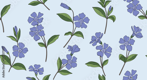 Delicate seamless floral pattern of blue-violet periwinkle flowers and green leaves scattered across a soft light blue background.
