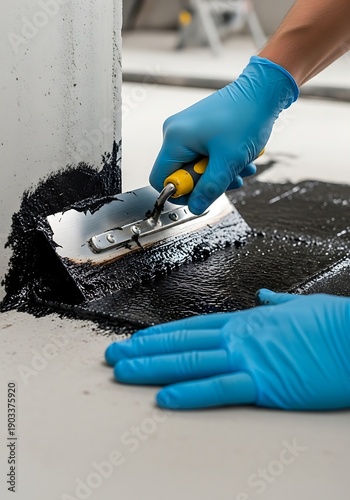 Close-up of a waterproofing worker applying sealant with blue protective gloves