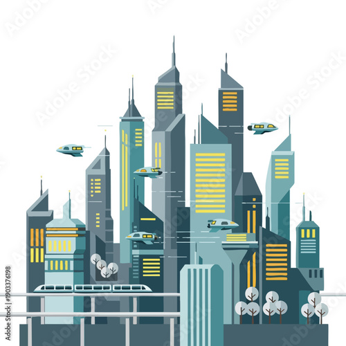 Futuristic Cityscape with Flying Vehicles