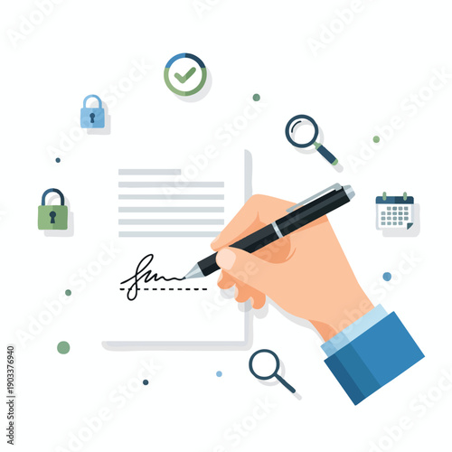 Hand Signing Document with Security Icons