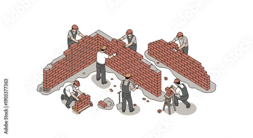 Isometric illustration featuring bricklayers constructing a brick wall. Clean design for construction, teamwork, and skilled labor concepts. White background for easy integration into designs.