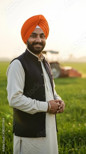 Portrait of a smiling Indian Punjabi farmer wearing an orange turban and traditional vest standing in a lush green wheat field with a tractor in the background