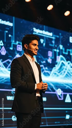 Young Indian Male Professional Giving a Dynamic Presentation on Stage with Futuristic Digital Data Visualization Background at a Tech Conference