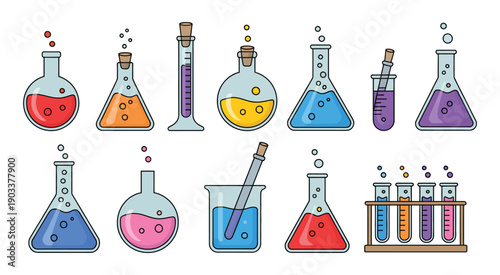 Laboratory Flasks and Beakers filled with colorful liquids, chemical reactions, science experiment glassware, research chemistry lab environment.