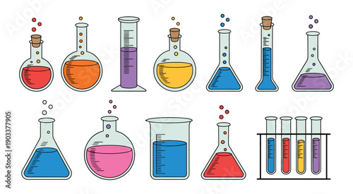 Laboratory Flasks and Beakers filled with colorful liquids, chemical reactions, science experiment glassware, research chemistry lab environment.