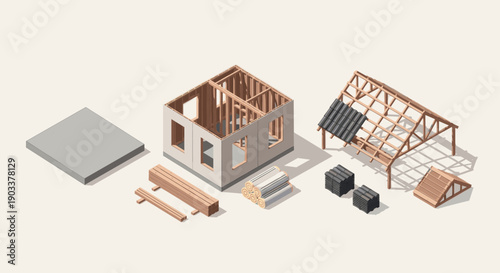 Isometric illustration of house under construction. Shows walls, bricks, timber, roof tiles and other materials on beige background. Ideal for architecture, construction, or real estate.