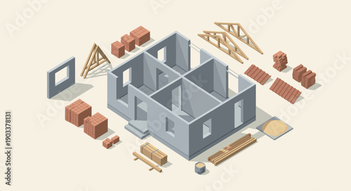 Isometric illustration of house under construction. Shows walls, bricks, timber, roof tiles and other materials on beige background. Ideal for architecture, construction, or real estate.