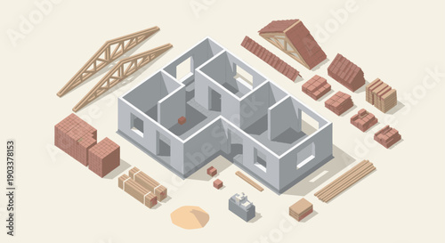 An isometric illustration showing the components of building a house, including the floor plan, bricks, wood, and roof. Ideal for illustrating construction or design.