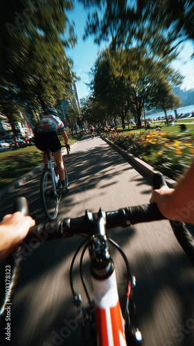 Wallpaper Mural First person view cycling along park bike path, fast motion blur, active lifestyle, sunny summer day. Torontodigital.ca