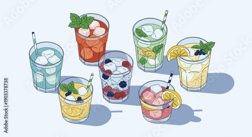 An illustration of various colorful cocktails with ice, fruit, and straws against a light background. Perfect for summer, healthy lifestyle, and drink-related promotions.