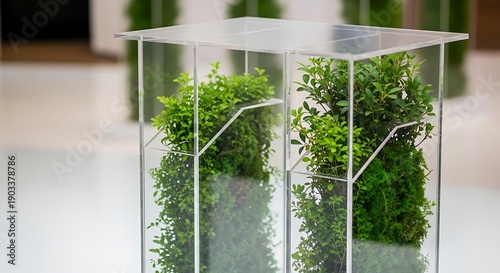 Botanical Display in Acrylic Enclosures, Elegant Plant Exhibit Close-Up