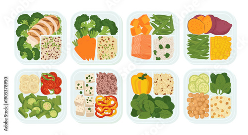 Eight meal prep containers filled with balanced portions of colorful vegetables, protein sources, and grains. Represents healthy eating, diet, fitness, and prepared meals.