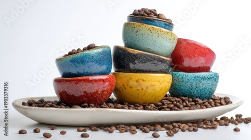 Colorful ceramic bowls stacked high with roasted coffee beans.