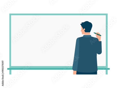 Rear view upper body businessman writing on whiteboard for tutorial explanation training and instruction concept