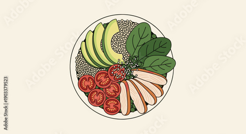 Top-down view of a stylized illustration of a chicken buddha bowl with avocado, quinoa, spinach, and tomato. Fresh, healthy, diet, lifestyle illustration for website or social media use.