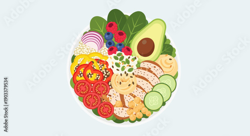 Top-down shot of a vibrant vector salad bowl, featuring avocado, berries, and grilled chicken. Suitable for health, food, or lifestyle publications.