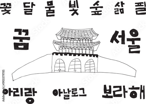 Korean calligraphy hand-drawn vector set with traditional gate illustration