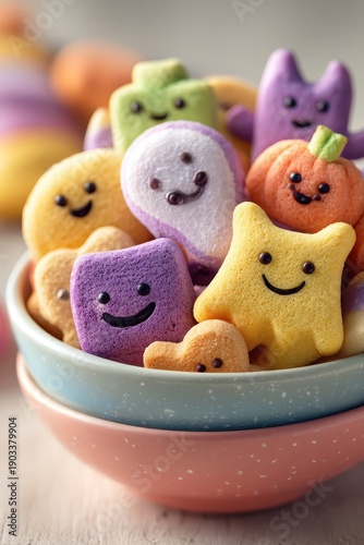 Colorful Halloween shaped marshmallows with cute smiling faces in a bowl.