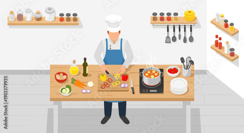 Vector illustration of a chef preparing a meal in a bright, clean kitchen. Cooking vegetables, soup and spices. Perfect for food and restaurant blog.