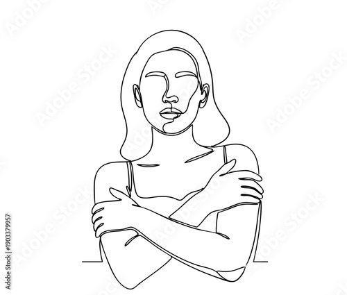 Continuous line drawing of woman hugging herself. Concept of self love, comfort, and emotional healing. Single line art illustration.