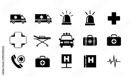 Ambulance vector icon set with emergency medical service symbols