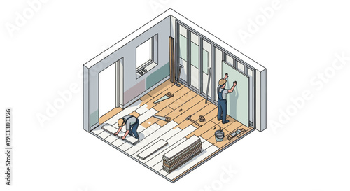 Isometric illustration depicting workers renovating a room with wood flooring and drywall installation. Ideal for construction, home improvement, and design concepts.