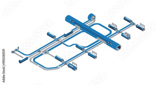 Isometric diagram of a subway system in blue and grey. Can be used for urban planning, transport, or futuristic concepts. Isolated on white for easy use.