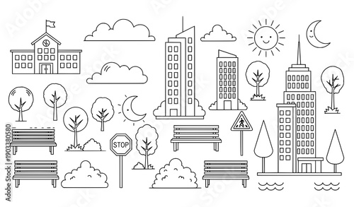 Urban landscape line icon set with buildings trees and city elements